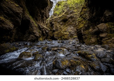 Captivating narrow canyon with moss-covered walls and a flowing stream in a shadowy landscape - Powered by Shutterstock