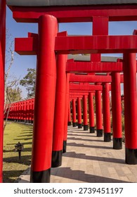 A captivating perspective down a pathway lined with vibrant red traditional Japanese torii gates, casting long shadows under a clear day, symbolizing cultural heritage and spiritual journey.