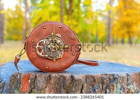 Captivating round bag with a clock face and intricate gears, artfully positioned on a tree stump in the tranquil forest, embodying a perfect blend of fashion and nature.