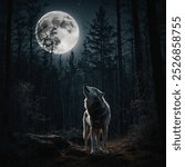 A captivating scene featuring two majestic wolves standing side by side, their heads tilted back as they howl at the moonlit sky.