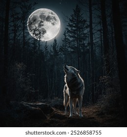 A captivating scene featuring two majestic wolves standing side by side, their heads tilted back as they howl at the moonlit sky.