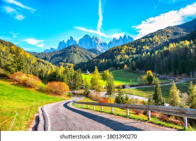 Captivating scenery in Dolomites with the St. John's in Ranui Chapel.  Location: Santa Maddalena village, Val di Funes, Trentino-Alto Adige, Dolomites, Italy, Europe