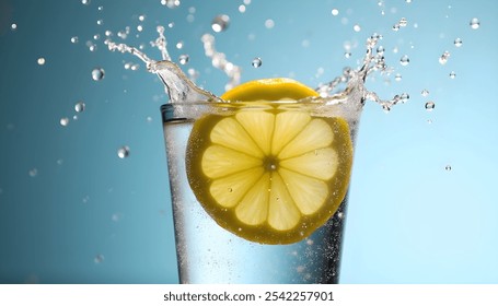 A captivating shot of a lemon slice making a splash in a refreshing glass of water, captured in high speed. This image is ideal for promoting hydration, wellness, and summer refreshment.