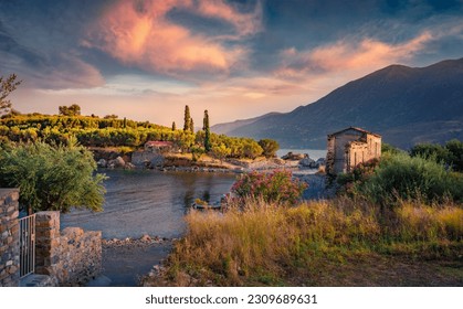 Captivating summer view of Purpose or Double beach, Kotronas town location. Splendid evening seascape of Mediterranean sea, Peloponnese peninsula, Greece. Beauty of nature concept background.