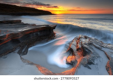 A captivating sunset scene featuring waves crashing against a rocky shoreline, creating a dynamic interplay of light and water at dusk. The sky is ablaze with warm colors.
