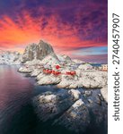 Captivating sunset winter view on Hamnoy village and Festhaeltinden mountain. Popular tourist destination on Lofotens. Location: Hamnoy, Moskenesoya , Lofoten; Norway, Europe