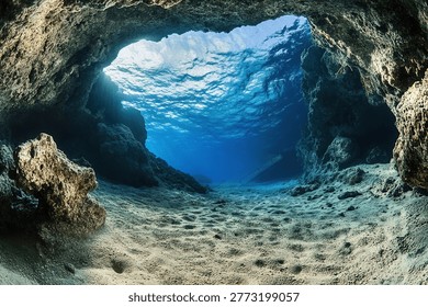 A captivating underwater scene featuring a cave entrance with sunlight streaming through the water, illuminating the sandy seabed.