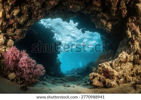 A captivating underwater scene featuring a cave opening to a turquoise sea, surrounded by vibrant coral reefs and marine life. The light creates a stunning contrast.