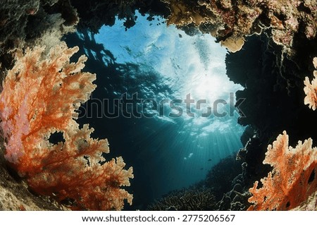 A captivating underwater scene featuring a cave opening to the sky, framed by vibrant coral formations, creating a stunning contrast of light and shadow.