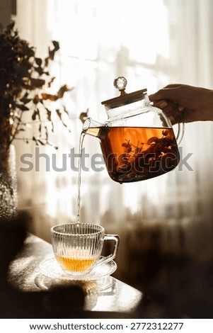 A captivating vertical shot featuring a hand pouring warm herbal tea from a clear glass teapot into a textured glass cup.