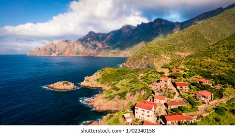 Captivating View From Flying Drone Of Port De Girolata - Place, Where You Can't Get By Car. Picturesque Summer Scene Of Corsica Island, France, Europe. Wonderful Mediterranean Seascape.