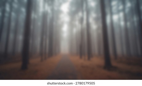 A captivating view of a forest path shrouded in mist, with tall trees creating a serene and mysterious atmosphere. The image captures the essence of natures tranquility.