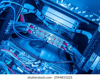 A captivating view of a high-tech server rack showcasing advanced networking equipment and organized cables, illustrating modern technology in a server room setting.