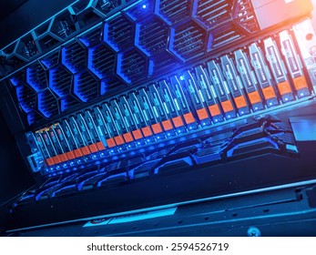 A captivating view of a modern data storage system featuring brightly lit drives and a sleek design. Ideal for technology and IT themes.