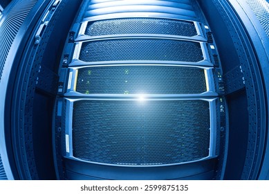 A captivating view of a modern server room showcasing high-tech equipment organized in racks. Bright lighting enhances the tech atmosphere, emphasizing digital innovation. - Powered by Shutterstock - Get 15% off with code: PIKWIZARD15
