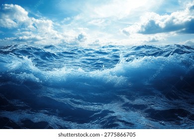 A captivating view of the ocean with dynamic waves under a bright, partly cloudy sky, capturing the raw power and beauty of the sea.