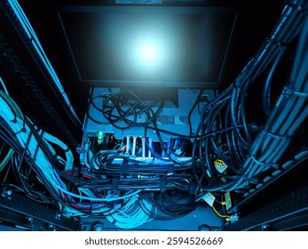 A captivating view of a server rack filled with tangled cables and a glowing monitor, showcasing the complexity of modern technology and communication systems.