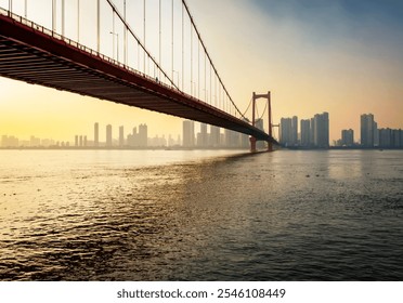 A captivating view of a suspension bridge spanning the Yangtze River at sunset, surrounded by Wuhan's urban skyline. - Powered by Shutterstock