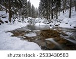 Captivating Winter Landscape: Frozen Waterfall Cascading into a Flowing River Surrounded by Snow-Covered Coniferous Trees - A Breathtaking Display of Nature