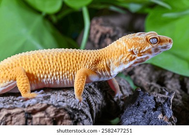 A captive Leopard Gecko (Eublepharis macularius) on a wooden bark log against a green leaf background