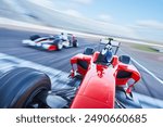 Capture the adrenaline-fueled excitement of motorsports with this vibrant image. In the foreground, powerful race cars, sleek and aerodynamic, hurtle around a sharp curve on a sun-drenched race track.