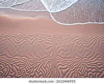 Capture aerial patterns created by sand and waves along a coastline. Focus on the textures and shapes formed by the water and sand.