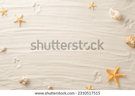 Capture allure of beach relaxation from higher vantage point. Top view of shells and starfish come together in tropical display on sandy beach. Utilize the empty frame for text or promotional content