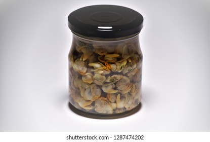  Capture Of Jar Of Cockles ( Cerastoderma Edule ) Pickled In Vinegar. With No Brand Lable.