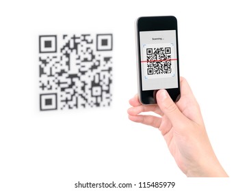 Capture QR Code On Mobile Smart Phone. Isolated On White.