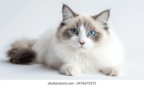 Capture of a Ragdoll cat with striking blue eyes, deeply focused on the camera - Powered by Shutterstock