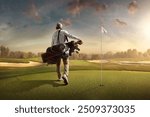 Capture the thrill of golf with this high-resolution image showcasing a golfer in mid-swing on a lush green fairway. The golfer, dressed in modern athletic wear, demonstrates perfect form as they stri