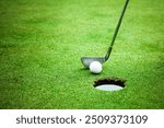 Capture the thrill of golf with this high-resolution image showcasing a golfer in mid-swing on a lush green fairway. The golfer, dressed in modern athletic wear, demonstrates perfect form as they stri