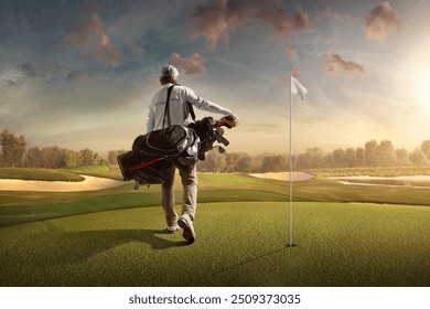 Capture the thrill of golf with this high-resolution image showcasing a golfer in mid-swing on a lush green fairway. The golfer, dressed in modern athletic wear, demonstrates perfect form as they stri - Powered by Shutterstock