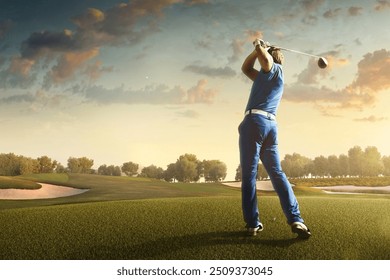 Capture the thrill of golf with this high-resolution image showcasing a golfer in mid-swing on a lush green fairway. The golfer, dressed in modern athletic wear, demonstrates perfect form as they stri