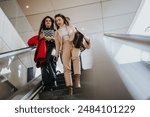 Capture of two fashionable friends riding an escalator together. They appear engaged in conversation, embodying urban life and friendship.