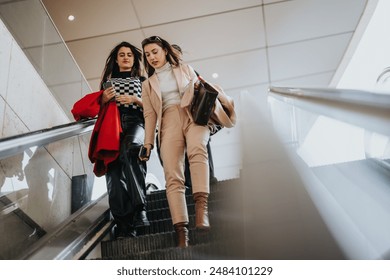 Capture of two fashionable friends riding an escalator together. They appear engaged in conversation, embodying urban life and friendship. - Powered by Shutterstock