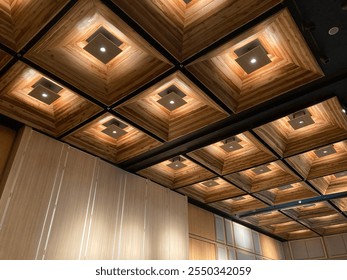 Capture the warm glow of wooden lights against the elegant ceiling of Gaia Hotel Ballroom in Bandung. An aesthetic marvel from November 25, 2024, evening—truly captivating and beautifully balanced. - Powered by Shutterstock