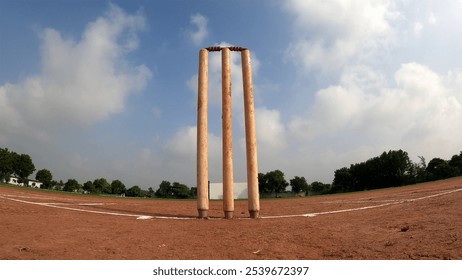 Captured from behind the cricket stumps at ground level, this photo frames the game from a unique viewpoint. The stumps stand tall, surrounded by red soil and clean sky in the distance - Powered by Shutterstock