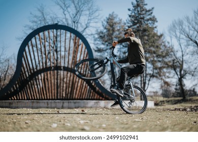 Captured in mid-action, a man performs a wheelie on a bike, showcasing skill and balance against a park with a modern bridge structure. - Powered by Shutterstock