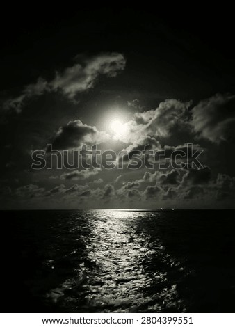 Captures a dramatic and moody nightscape over the open ocean. A bright full moon pierces through dark, scattered clouds, casting a stark, silvery glow across the night sky. This intense light creates a mesmerizing, shimmering reflection that stretches across the rippling surface of the dark sea, contrasting beautifully with the deep shadows of the water and the silhouette of the clouds. The overall atmosphere is serene yet mysterious, highlighting the raw, quiet majesty of nature at night.
#Nightscape #OceanAtNight #FullMoon #Moonlight #SeascapePhotography #MonochromeVibes #DarkAesthetics #CloudyNight #DramaticSky #NaturePhotography