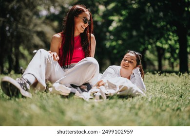 Capturing the essence of togetherness, this image shows two friends enjoying a relaxed, sun-filled day in the park, surrounded by lush greenery.