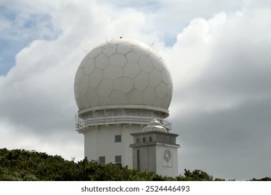 Capturing the Meteorological Radar Observatory on Sandiaojiao, uniquely shaped like a giant soccer ball, with a cloudy sky as the backdrop. - Powered by Shutterstock