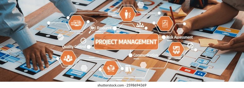 Capturing a vibrant collaborative project management scene, featuring diverse hands working on various tools and charts, enhancing team communication and innovative strategies. Amity