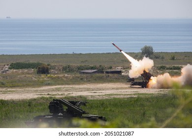 Capu Midia, Romania - June 9, 2021: Live fire of the Patriot surface-to-air missile system of the Romanian Army at the National Training Center for Air Defense.
