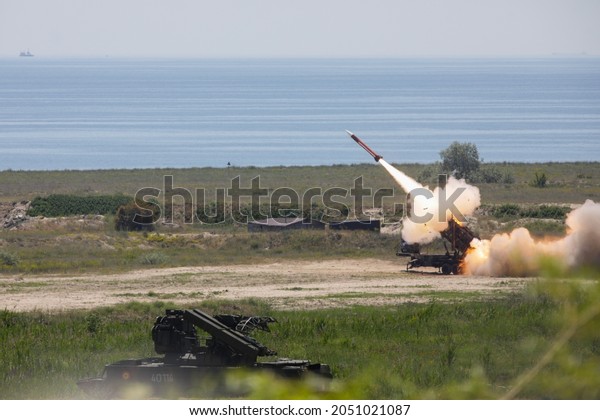 Capu Midia, Romania -\
June 9, 2021: Live fire of the Patriot surface-to-air missile\
system of the Romanian Army at the National Training Center for Air\
Defense.