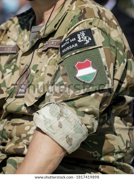 Capu Midia, Romania -\
September 17, 2020: Logo of the Hungarian Hussars on the uniform of\
an officer.