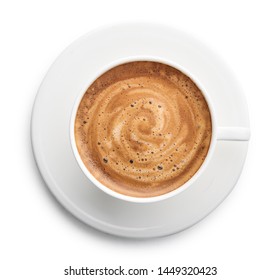 Capuccino Coffee In Cup Isolated On White Background, Top View