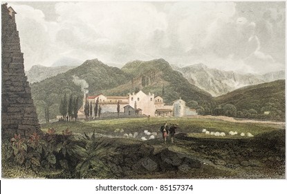 Capuchin Convent old view, Sicily, Created by De Wint and Goodall, printed by McQueen, publ. in London, 1821. Ed. on Sicilian Scenery, Rodwell and Martins, London, 1823