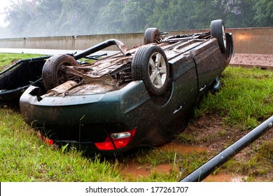 Car Accident. Car Bonnet On The Road In Rainy Day.