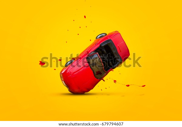 Car accident with damage and Blood\
splash scene, Car crash insurance. Travel, Safety, Emergency,\
Transport and Accident concept. Isolated on yellow\
background.
